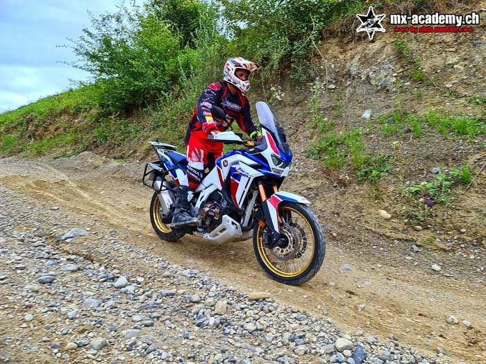 Motorcyclist on a Honda Africa Twin on loose gravel